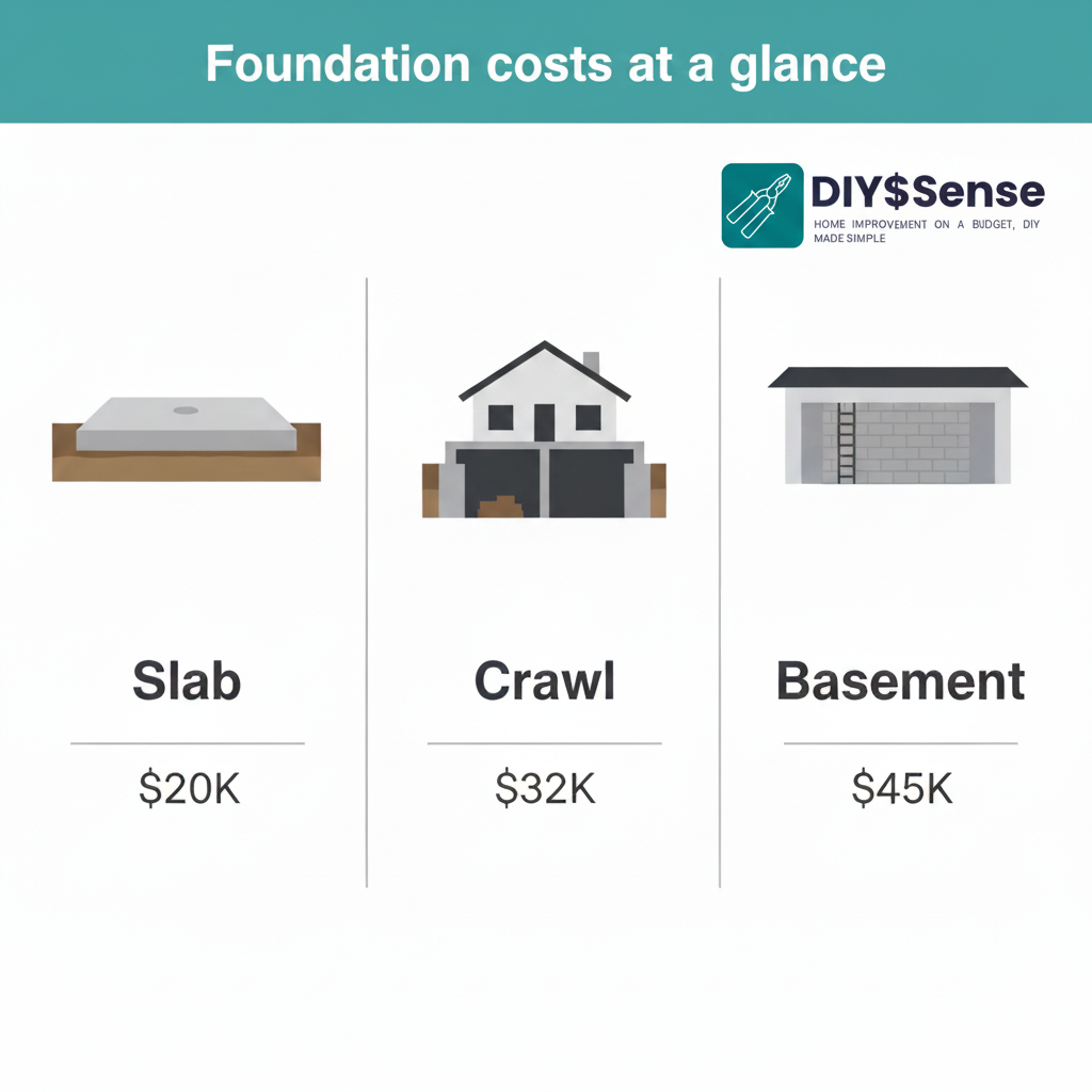 Foundation costs at a glance: Slab ($20K) vs Crawl ($32K) vs Basement ($45K)