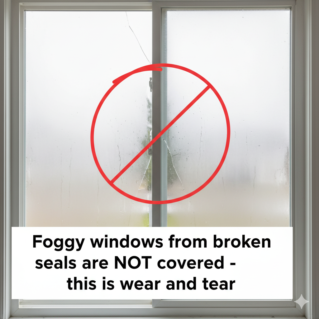 Foggy windows from broken seals are NOT covered - this is wear and tear