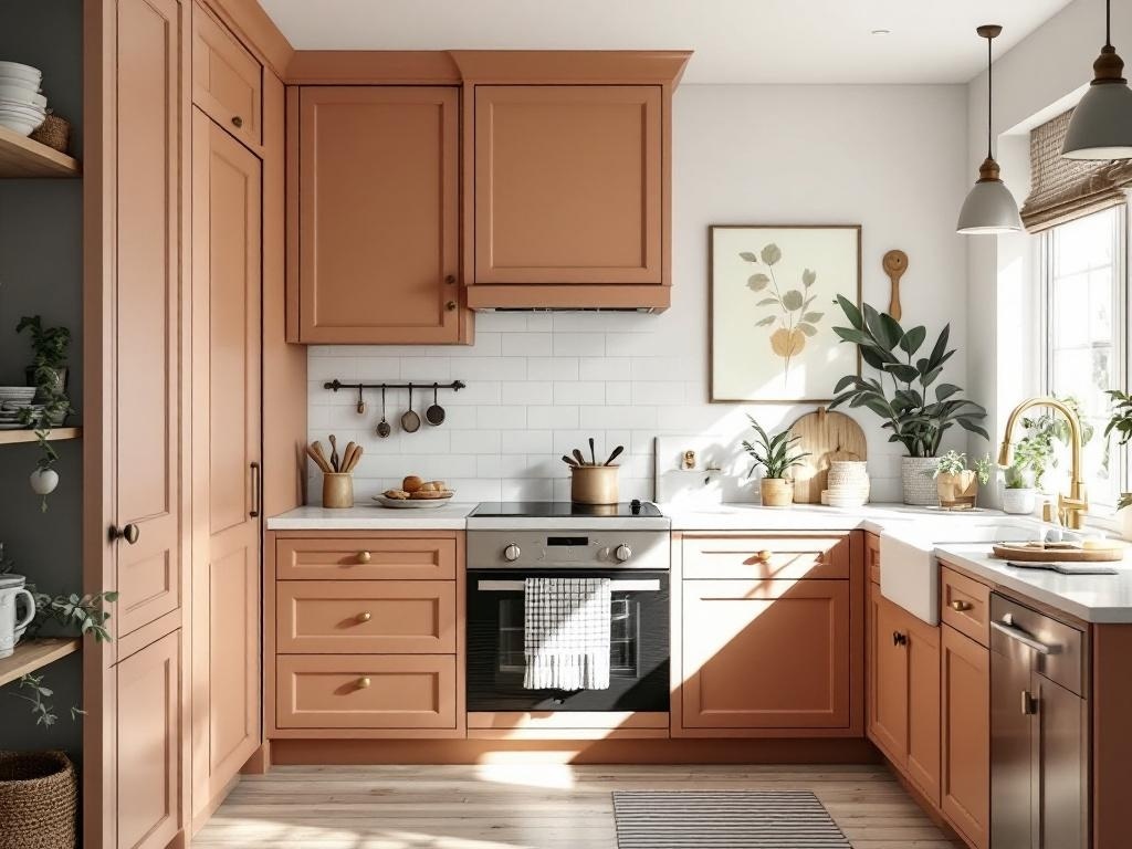 A warm neutral kitchen with painted cabinets in soft mushroom tones, featuring natural wood accents and cozy decor.