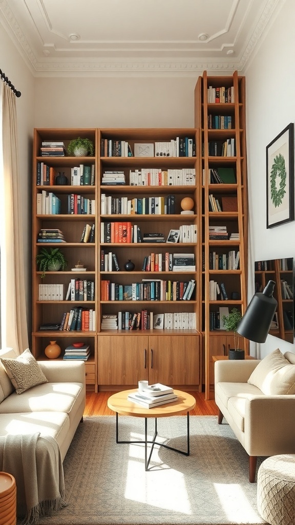 A cozy living room featuring tall bookcases filled with books and decorative items, creating a warm and inviting atmosphere.