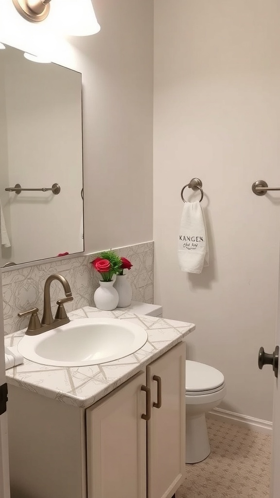 A bathroom with a stylish countertop and decorative elements.