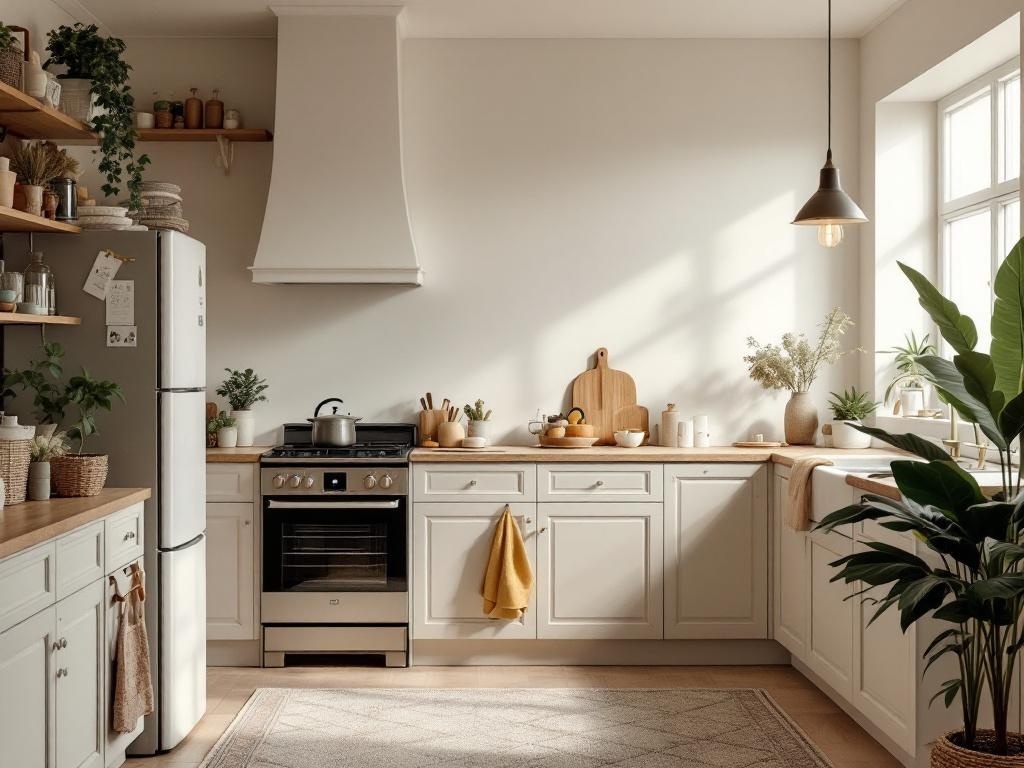 A warm neutral kitchen featuring soft beige cabinets, natural wood accents, and open shelving with plants.