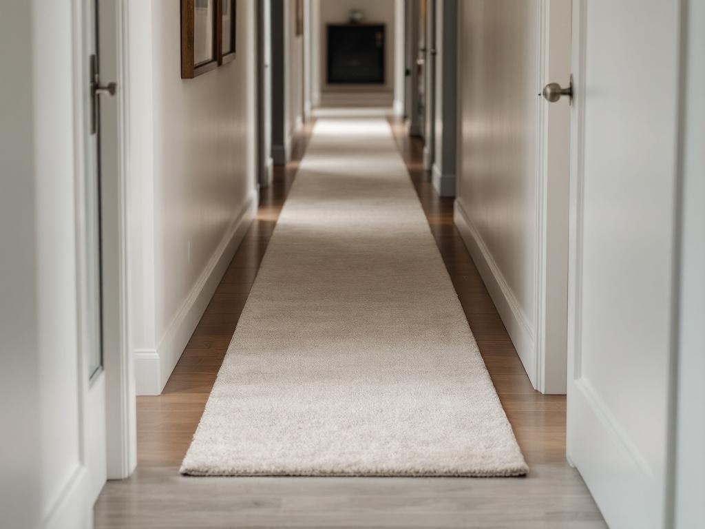 A clean, narrow hallway with a light-colored rug runner guiding the path.