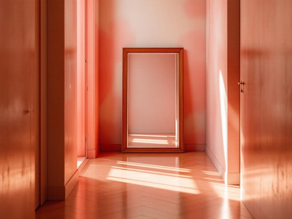 A bright hallway with a large mirror reflecting light, creating an illusion of space.