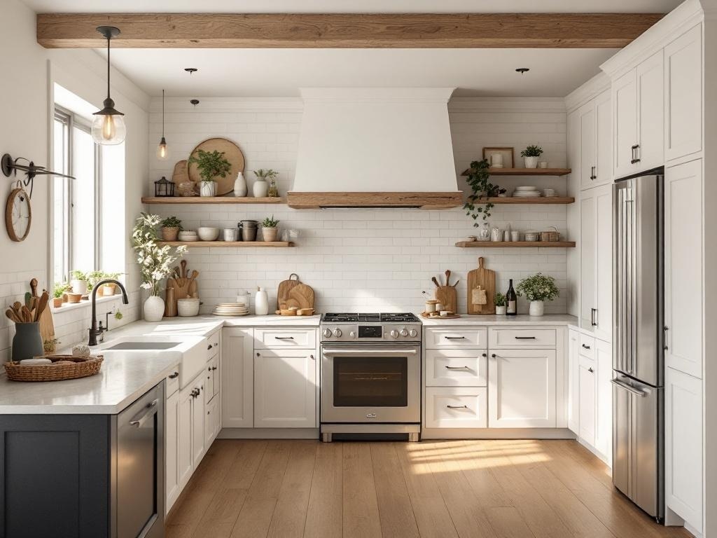 A warm and inviting modern farmhouse kitchen with beige cabinets, open shelving, and natural wood accents.