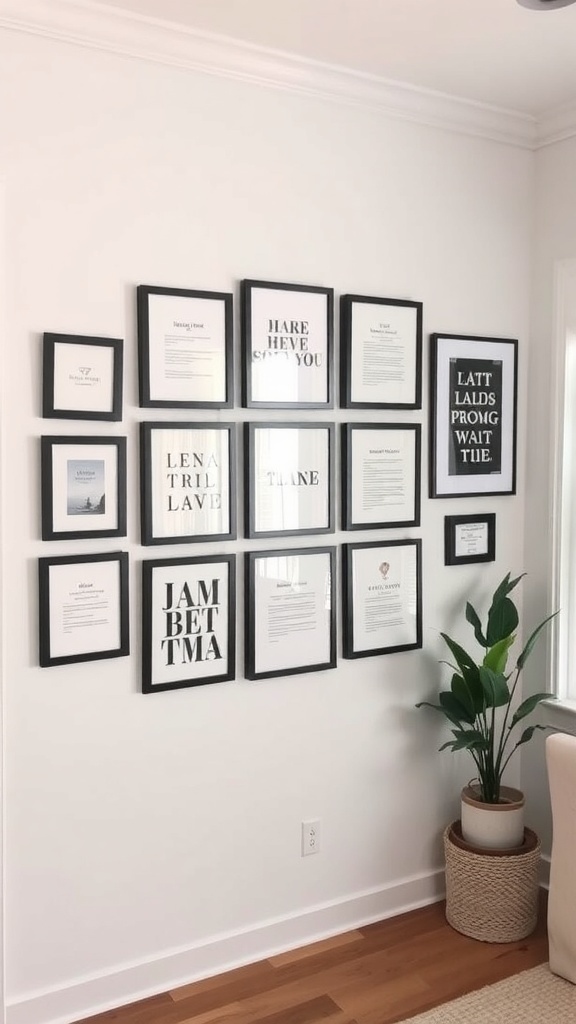 Gallery wall with framed art and a plant in a cozy apartment setting.