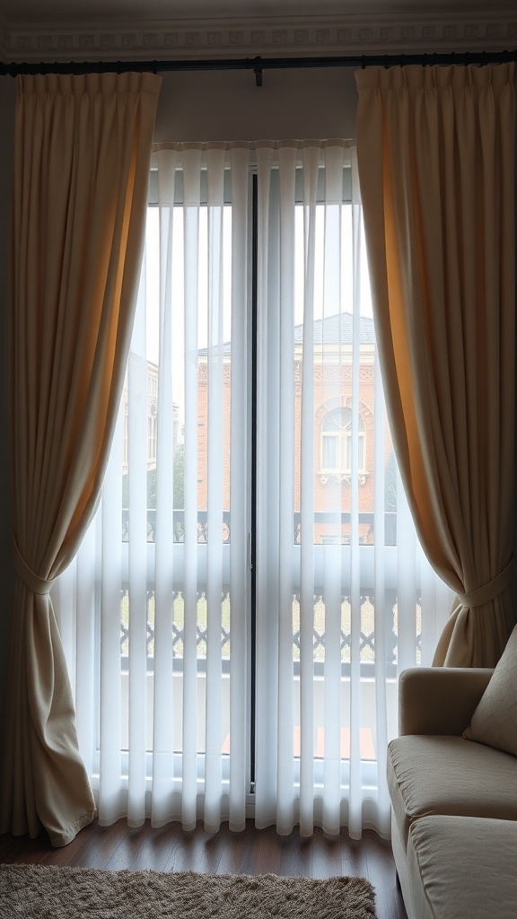 A cozy living room with curtains over vertical blinds.