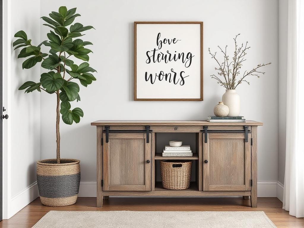 A stylish console table with decorative items and a plant, creating a defined entryway in an open space.