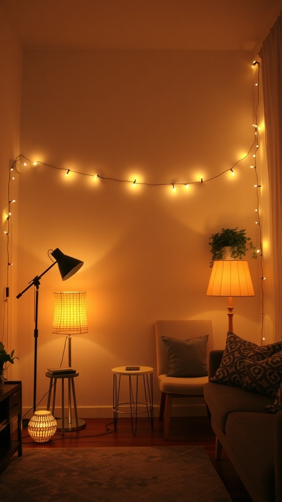 Cozy lighting setup with warm lamps and string lights in a living room.