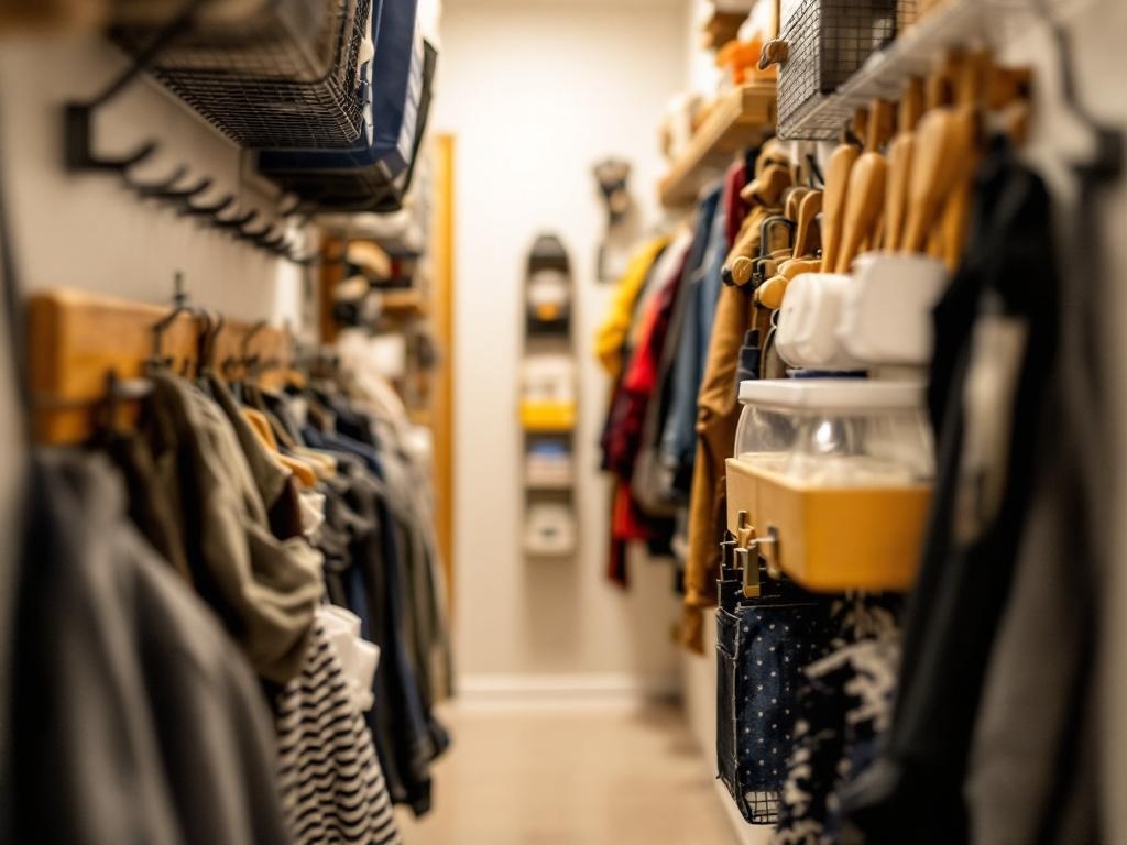Organized vertical storage in a narrow hallway with hooks and shelves.