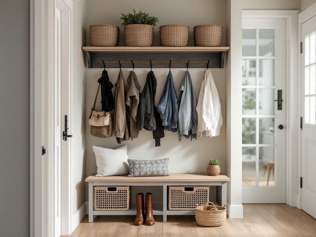 A well-organized entryway with a bench, wall hooks, and storage baskets.