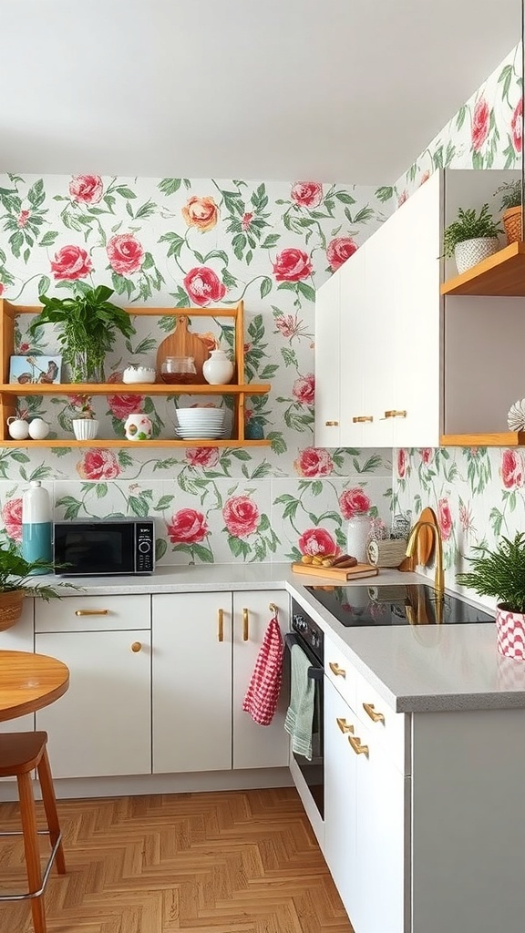 A kitchen with floral peel-and-stick wallpaper, white cabinets, and wooden shelves.