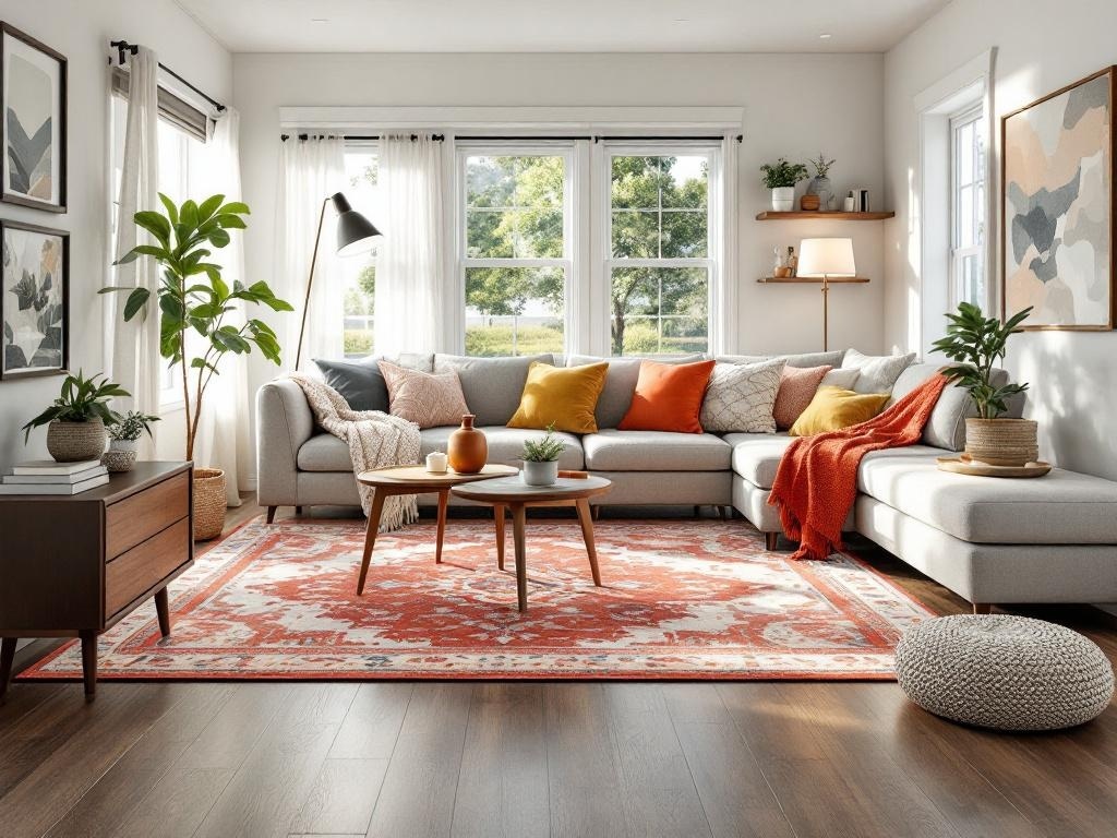Cozy living room with modern flooring and bright decor.