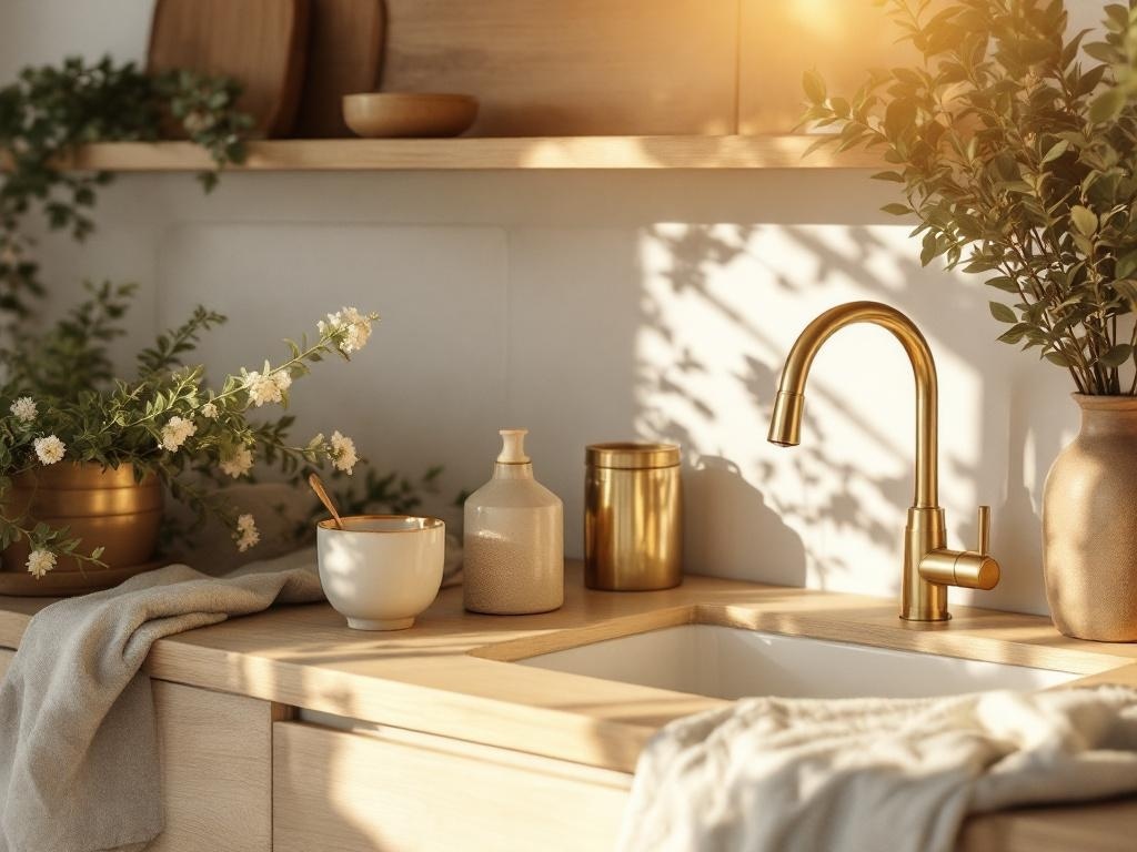 A cozy kitchen with warm neutral tones, featuring natural wood, brass accents, and soft textiles.