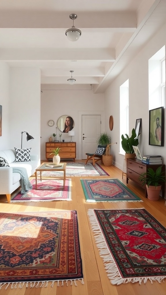 A cozy living space with colorful rugs defining different areas.