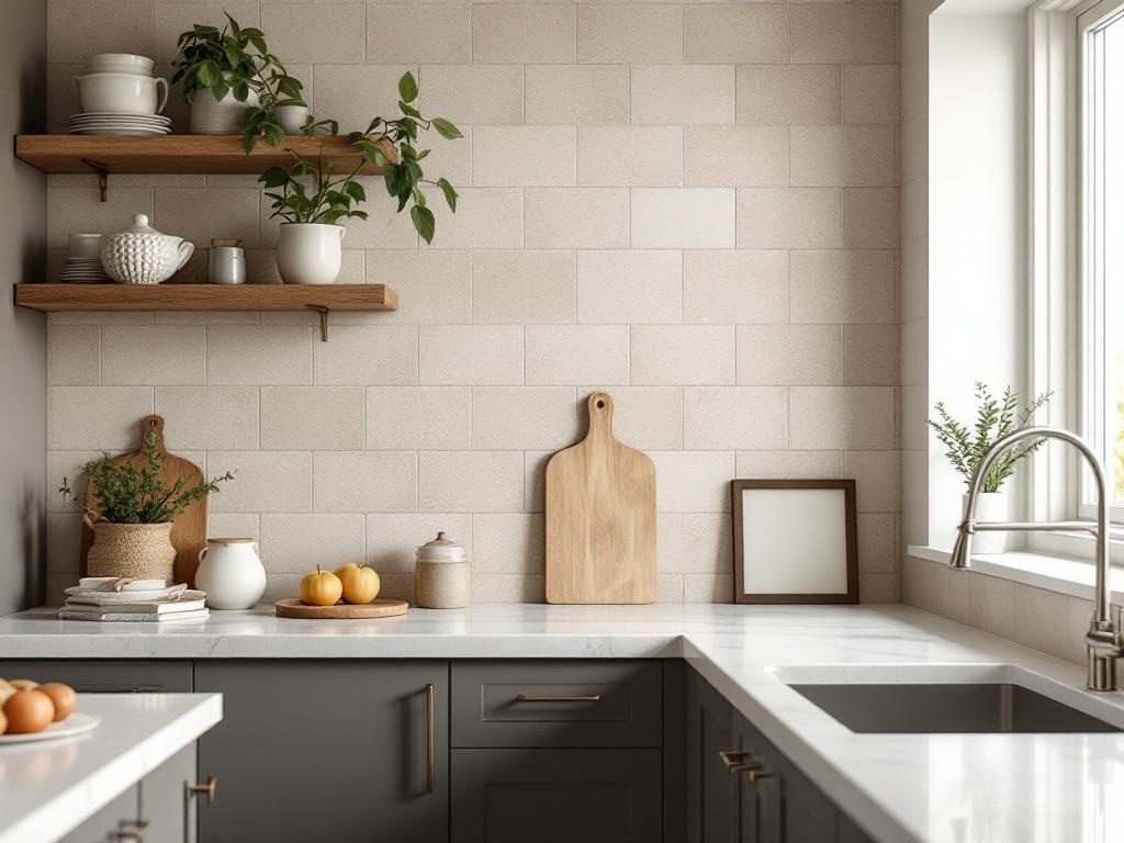 A cozy kitchen featuring a warm neutral backsplash with wood shelves and natural decor.