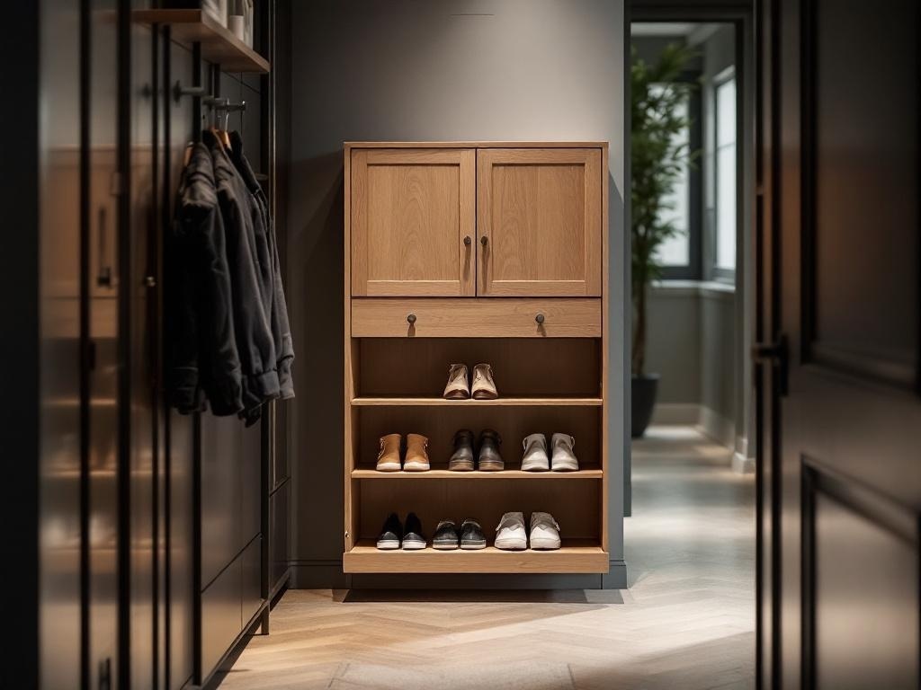 Slim shoe cabinet in a narrow hallway with organized shoes.