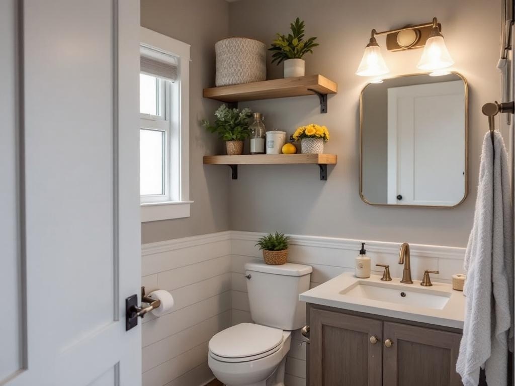 A modern small bathroom featuring open shelving, stylish fixtures, and a clean design.