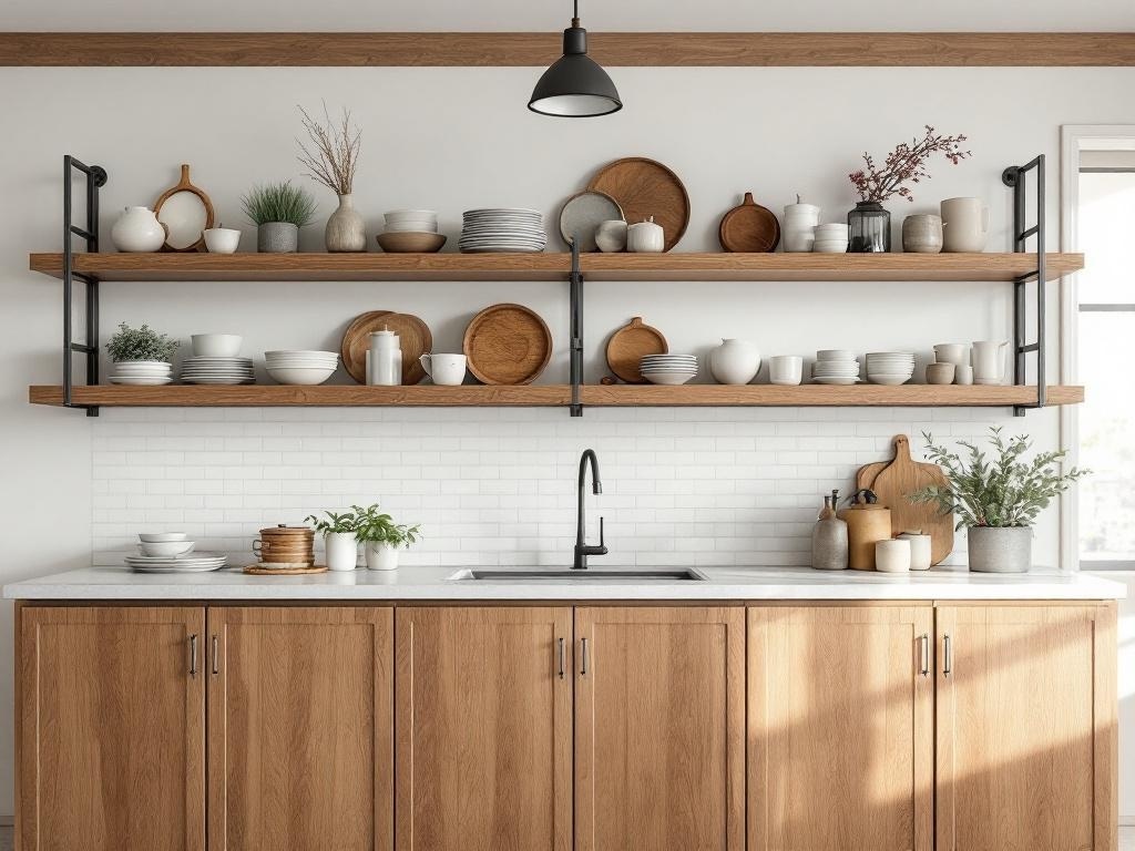Open shelving in a warm neutral kitchen with wooden shelves and decorative dishes.