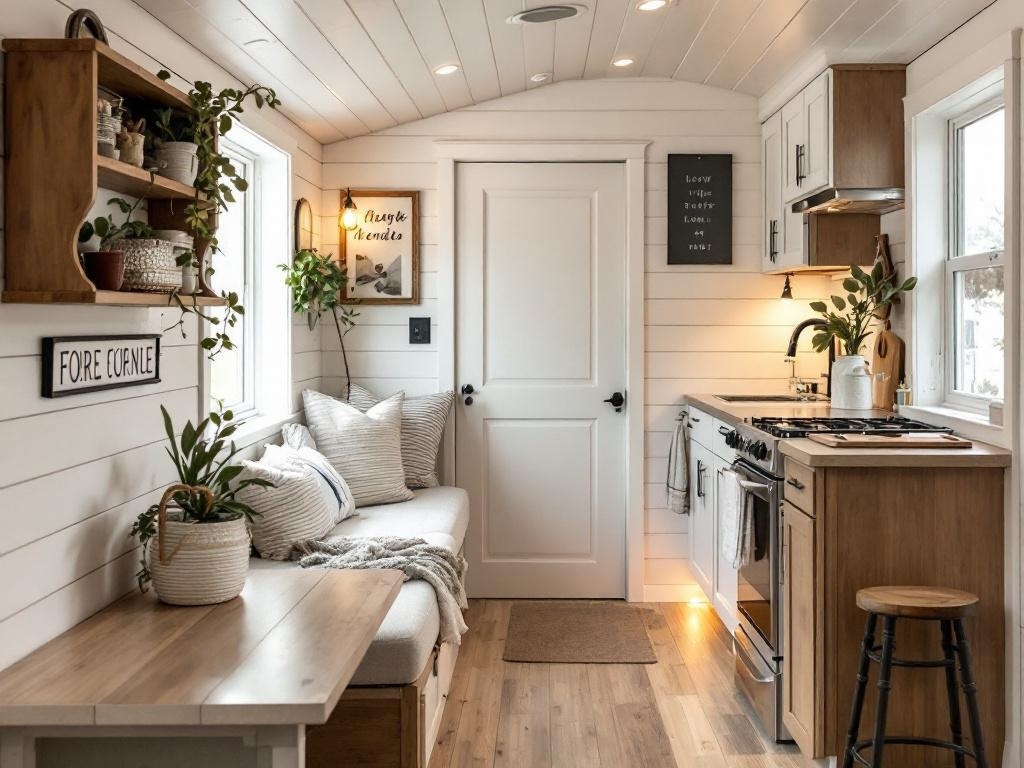 Stylish interior of a mobile home featuring shiplap walls and cozy decor.