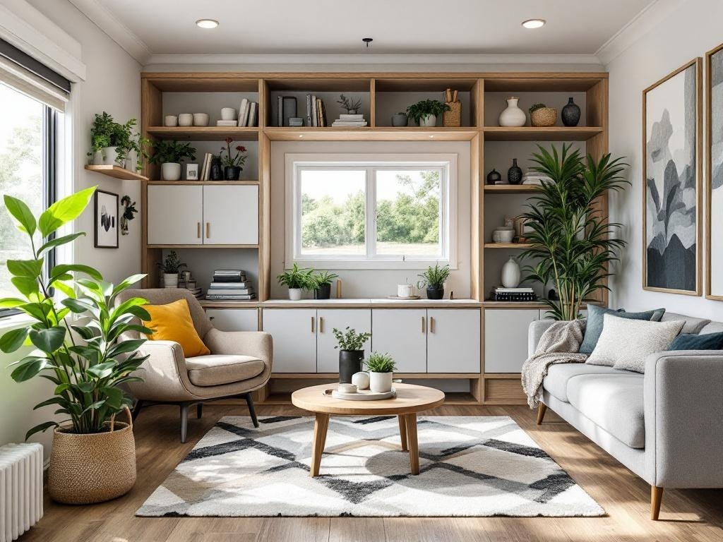 Cozy living room with stylish storage solutions, featuring open shelving and multi-functional furniture.