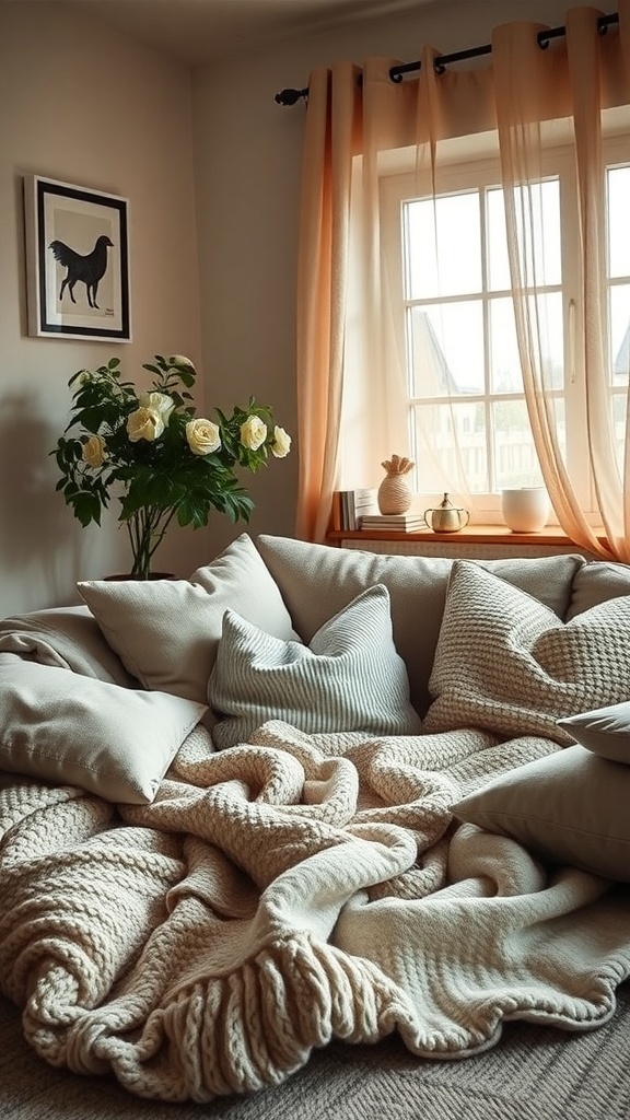 A cozy living room with soft blankets and pillows on a couch, featuring warm lighting and curtains.