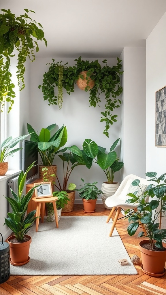 A cozy corner filled with various indoor plants, showcasing a warm apartment aesthetic.