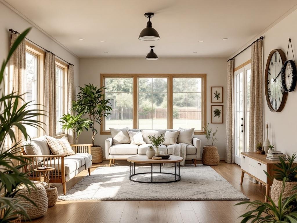 Cozy open concept living room in a mobile home with natural light and modern decor.