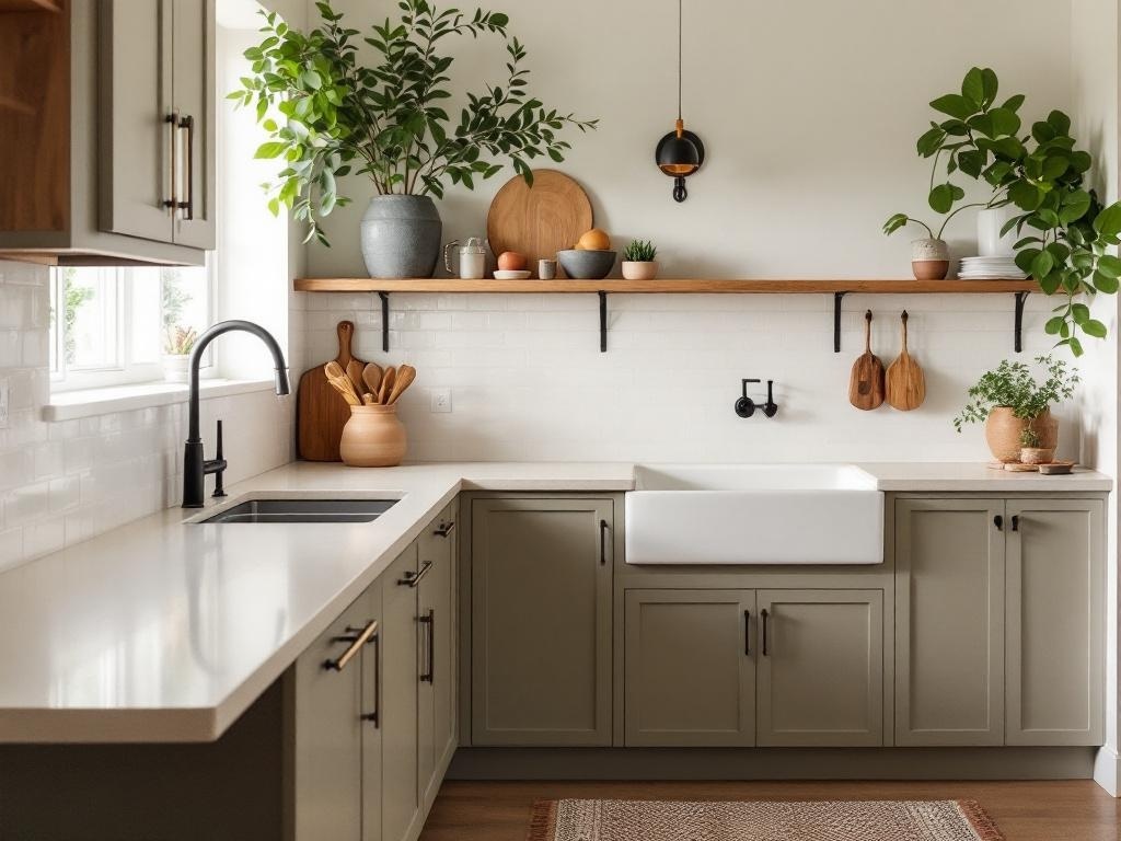 A warm neutral kitchen with modern cabinets and open shelving, featuring natural wood accents and plants.