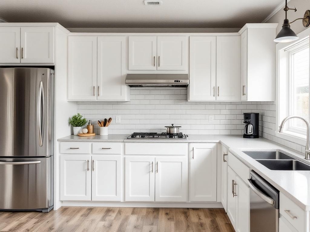 Stylish kitchen in a mobile home with white cabinets, modern backsplash, and stainless steel appliances.