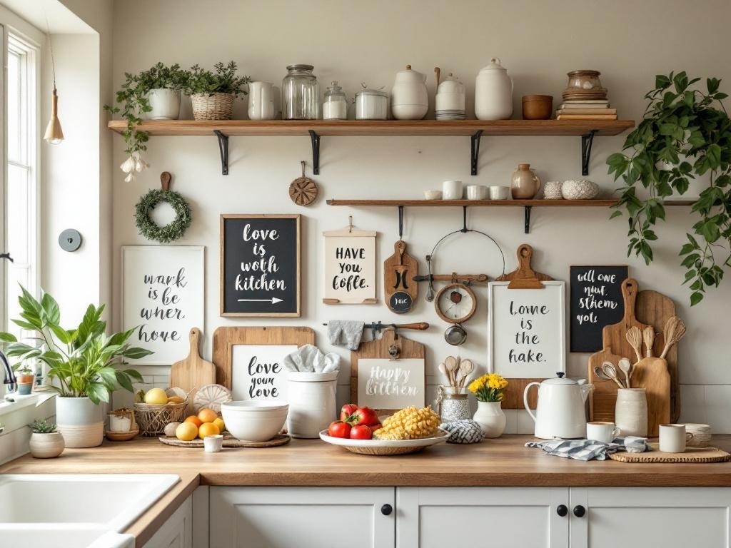 A cozy kitchen with open shelving, warm neutral tones, and decorative elements.