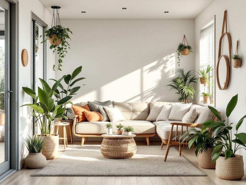 Bright and airy living space with plants and cozy furniture.