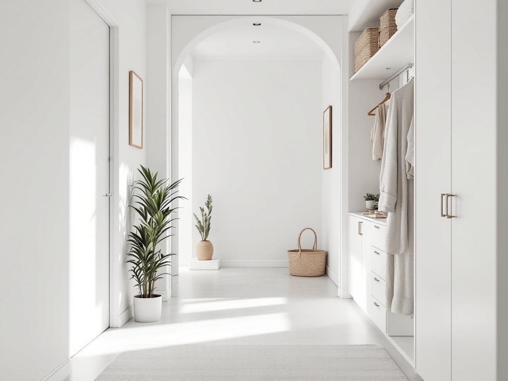 A bright, minimal hallway with plants, hooks, and organized storage.