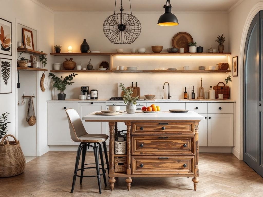 A cozy kitchen featuring an upcycled wooden island with a light countertop, surrounded by warm neutral decor.