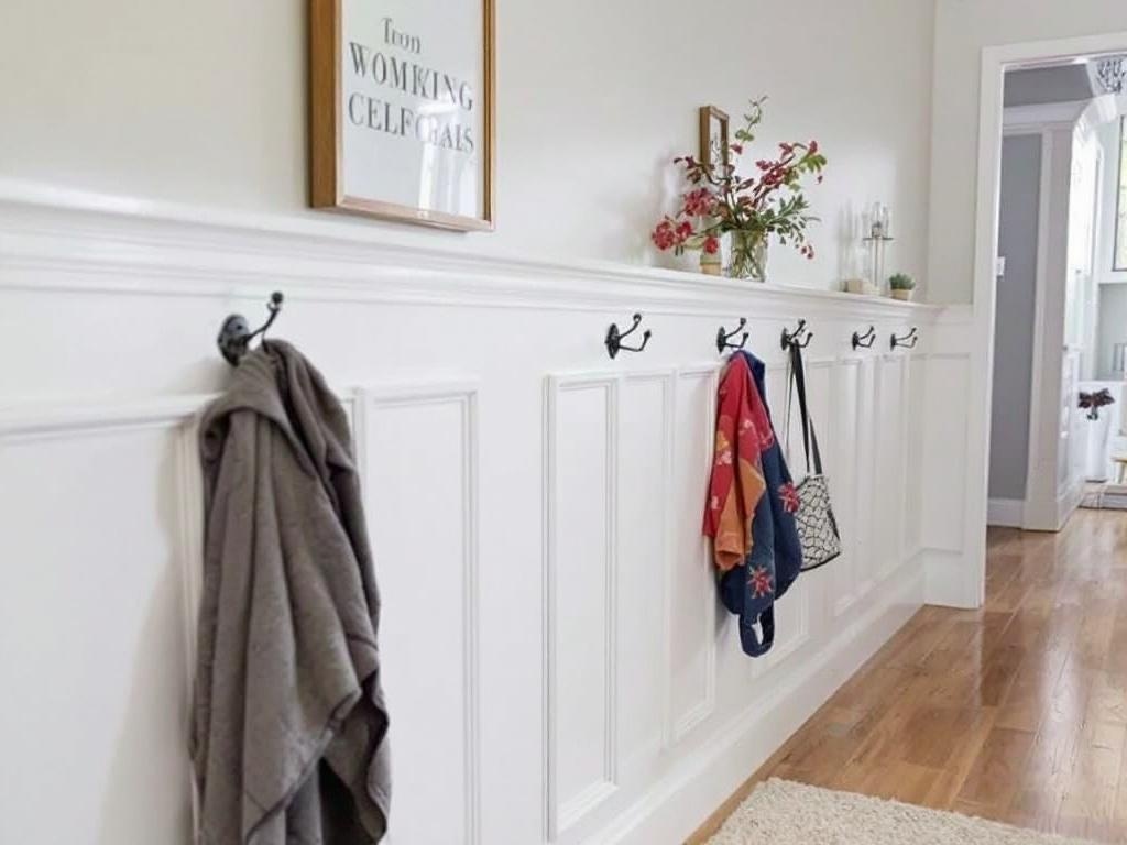 A narrow hallway featuring board and batten with hooks for coats and bags.