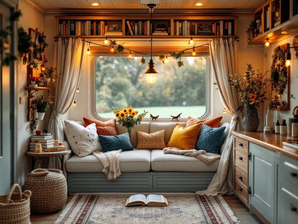A cozy nook in a mobile home with a comfortable sofa, colorful pillows, and warm lighting.