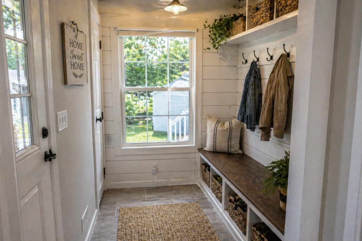 A small but well-organized mudroom addition attached to the entrance of a mobile home. Built-in bench with storage baskets, hooks for coats, tile floor, a window letting in natural light. Modern farmhouse style. Photorealistic interior.