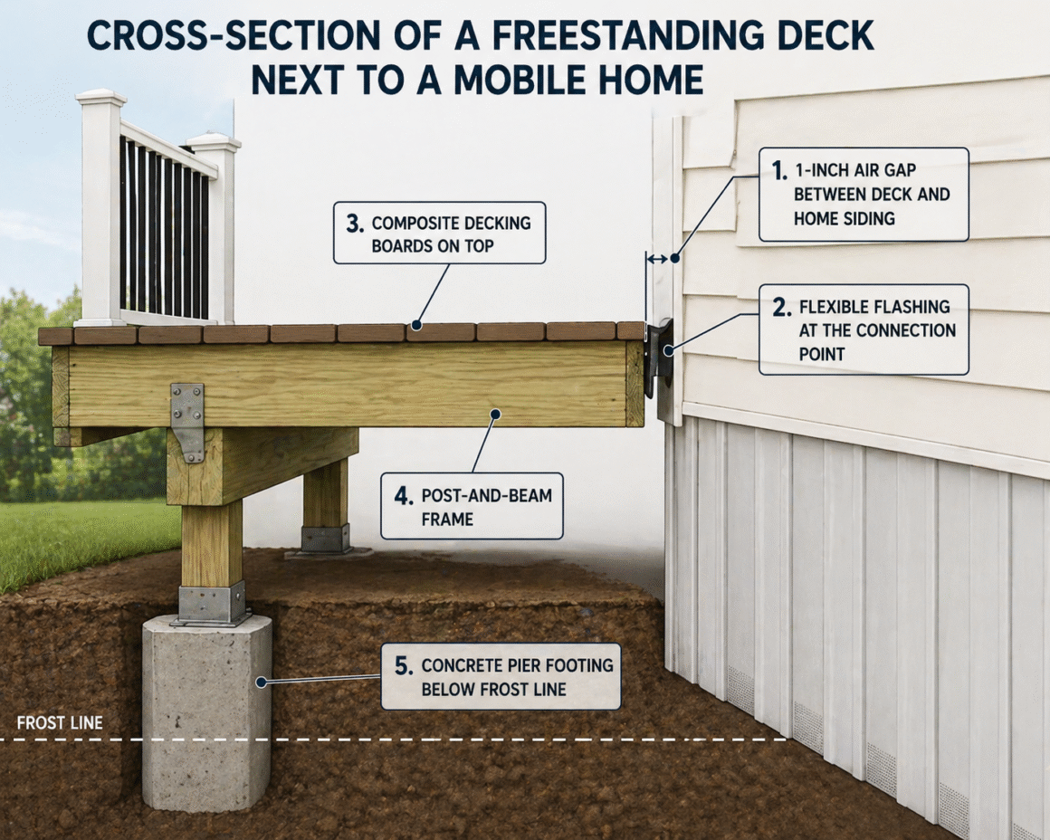 Diagram showing a cross-section of a freestanding deck next to a mobile home. Labels showing: 1-inch air gap between deck and home siding, concrete pier footing below frost line, post-and-beam frame, composite decking boards on top, flexible flashing at the connection point. Clean architectural illustration style with clear labels.