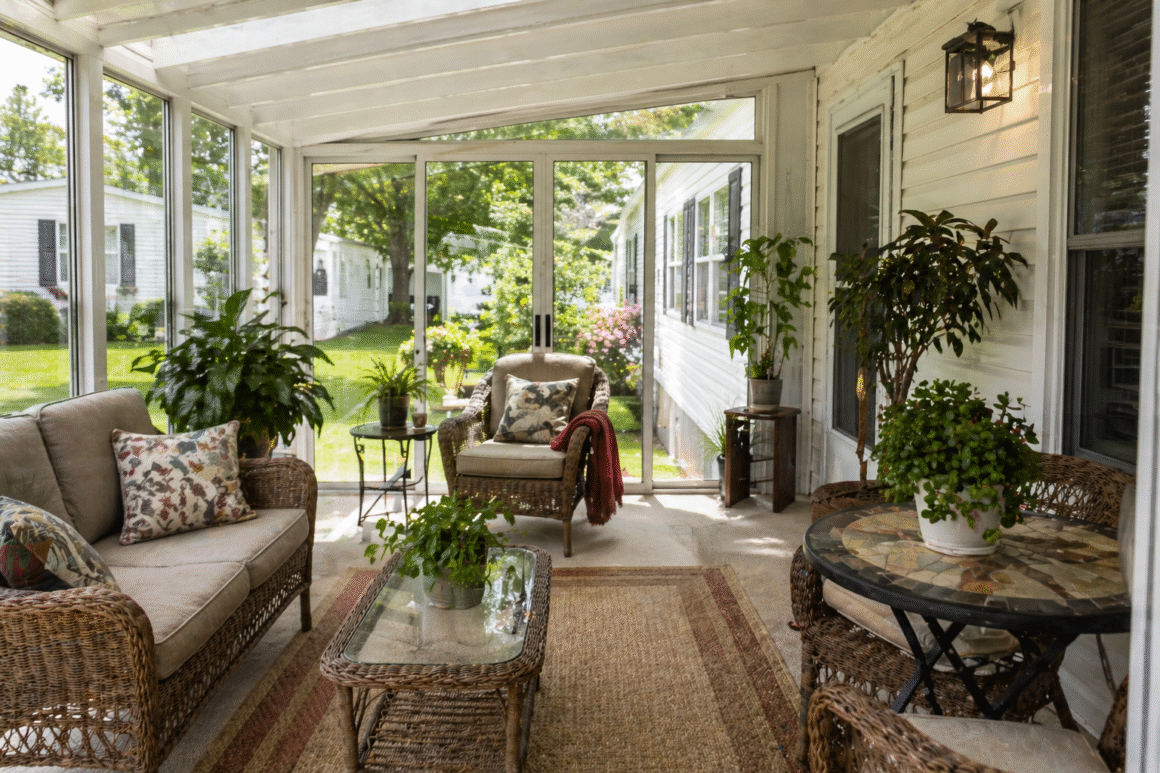 A prefab glass and aluminum sunroom addition attached to the side of a mobile home. Interior view showing wicker furniture, potted plants, bright natural light streaming through large windows. Warm and inviting. Photorealistic.