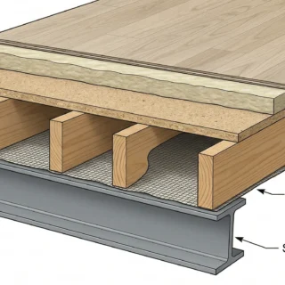 Cross-section of mobile home flooring layers and floor joists.