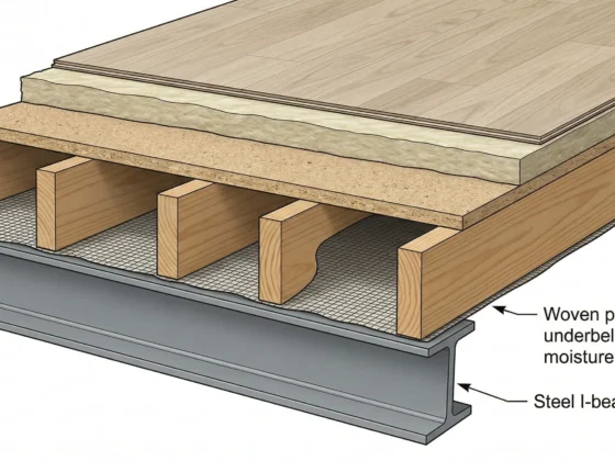Cross-section of mobile home flooring layers and floor joists.
