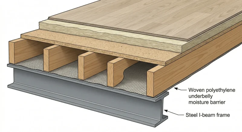 Cross-section of mobile home flooring layers and floor joists.