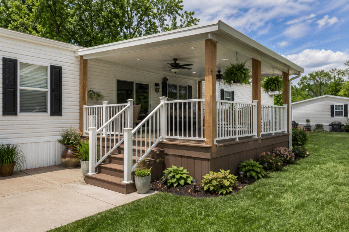 Freestanding deck construction diagram showing 1-inch gap between deck and mobile home