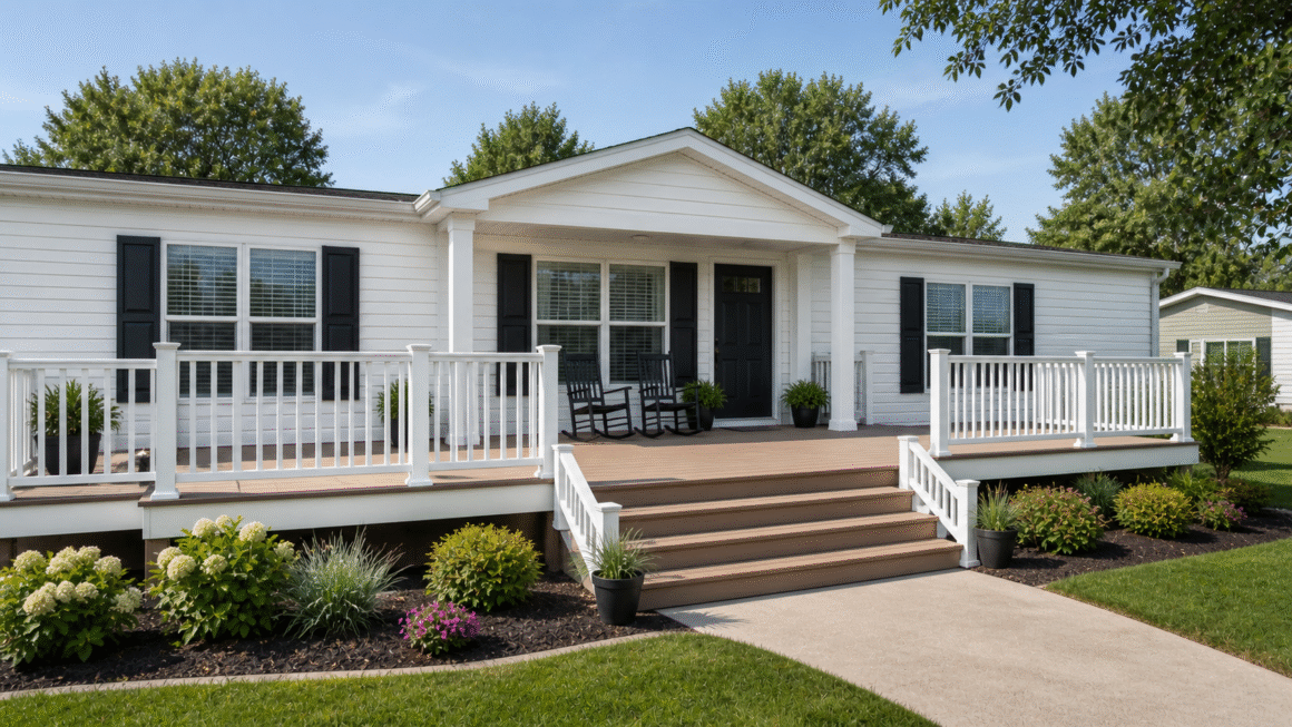 Photorealistic image of a wide freestanding wooden deck with white railings attached to the front of a double-wide mobile home. Two rocking chairs and potted plants on the deck. Gabled roof over the entrance. Green lawn, natural daylight, suburban neighborhood. No text, no watermarks. 16:9 ratio.