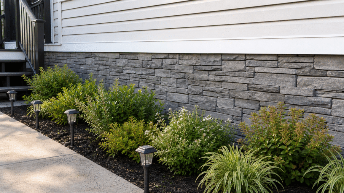 Photorealistic close-up of a mobile home base featuring realistic gray dry-stack stone skirting panels. Neat flower beds with green shrubs in front. Solar pathway lights alongside a concrete walkway. Clean, modern look. Natural daylight, no text, no watermarks. 16:9 ratio.