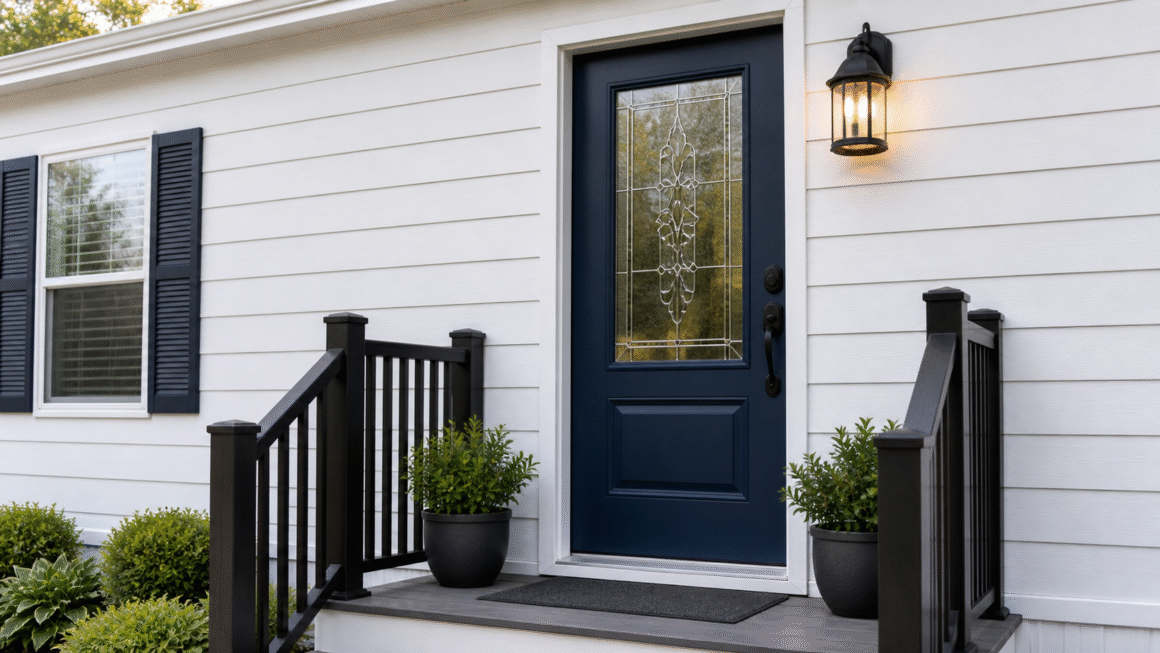 Photorealistic front entry of a mobile home featuring a bold navy blue fiberglass door with a large decorative glass insert and matte black door handle set. Flanked by two small potted plants. Warm porch lighting above. White siding background. Natural daylight, no text. 16:9 ratio.