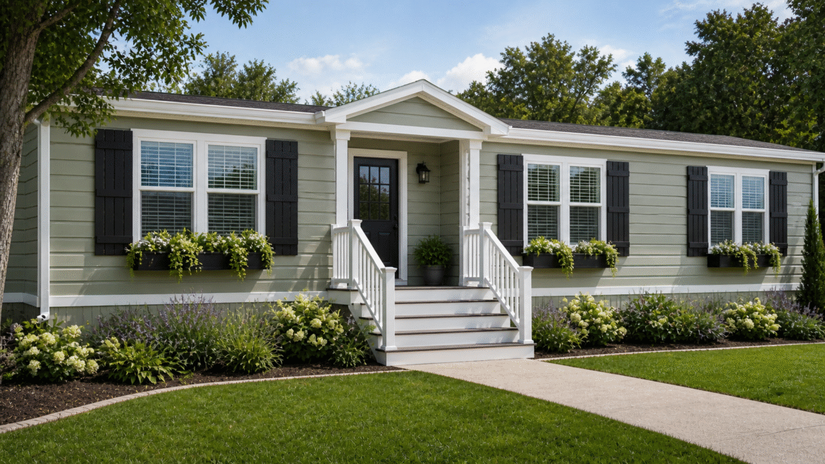 Photorealistic exterior of a mobile home with sage green siding and crisp white trim. Bold black board-and-batten shutters flank each window. Flower boxes under the windows with trailing greenery. Clean, sophisticated cottage look. Natural daylight, no text. 16:9 ratio.